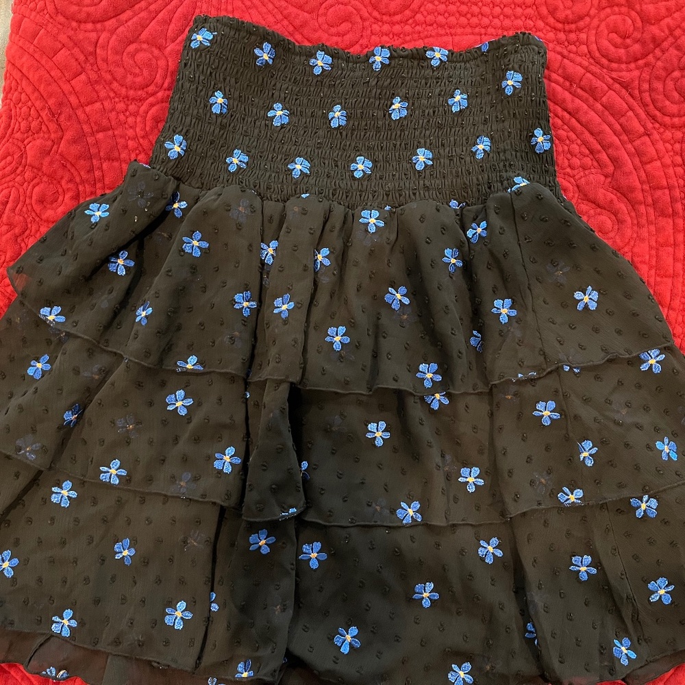 Maje Black Skirt with Blue Floral Embroidery